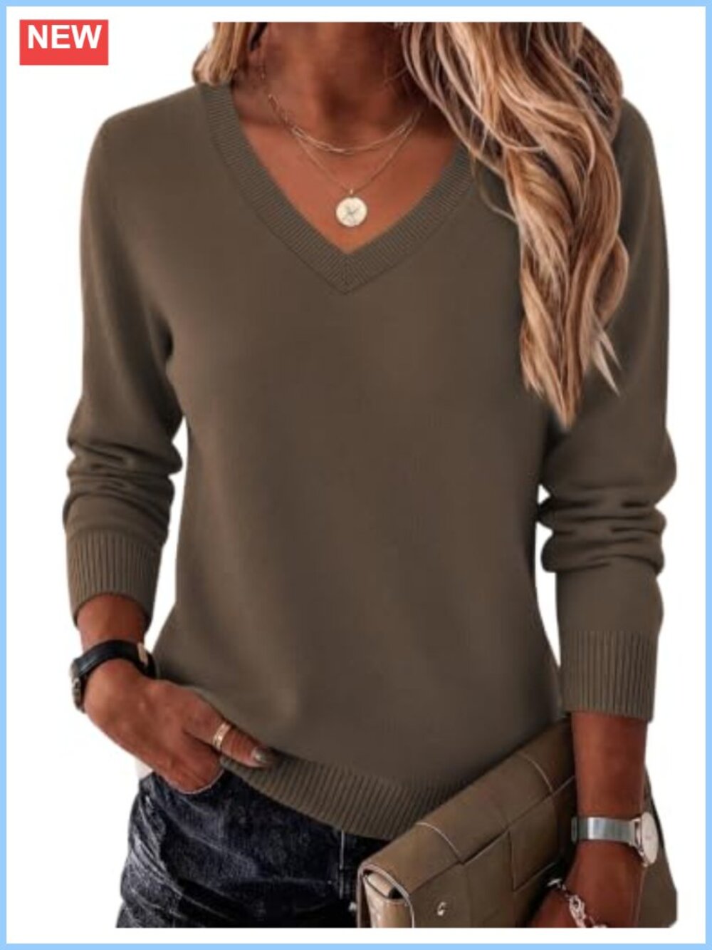 Zeagoo Womens V Neck Ribbed Knit Long Sleeve Pullover Sweater